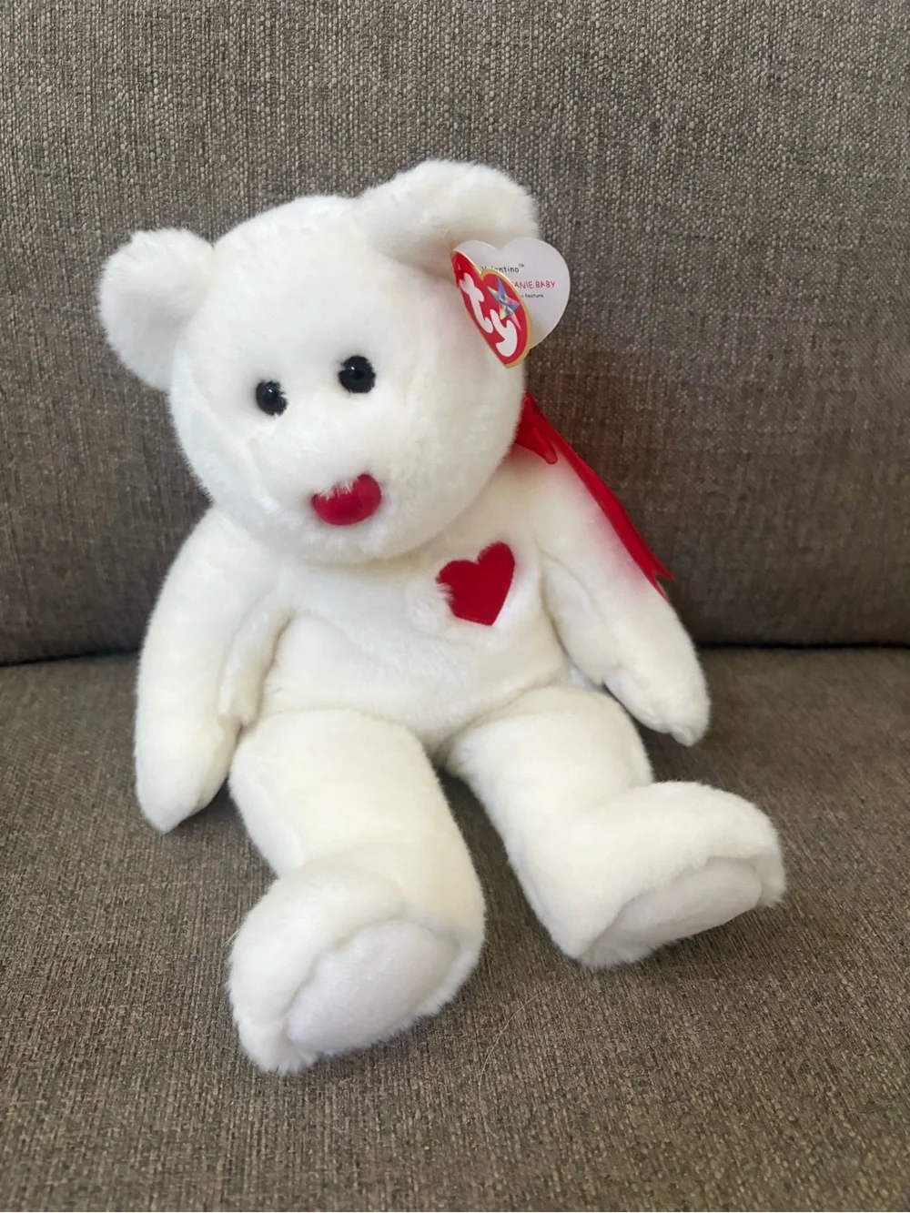 Valentino by Valentino White Plush Bear with Red Heart Accent